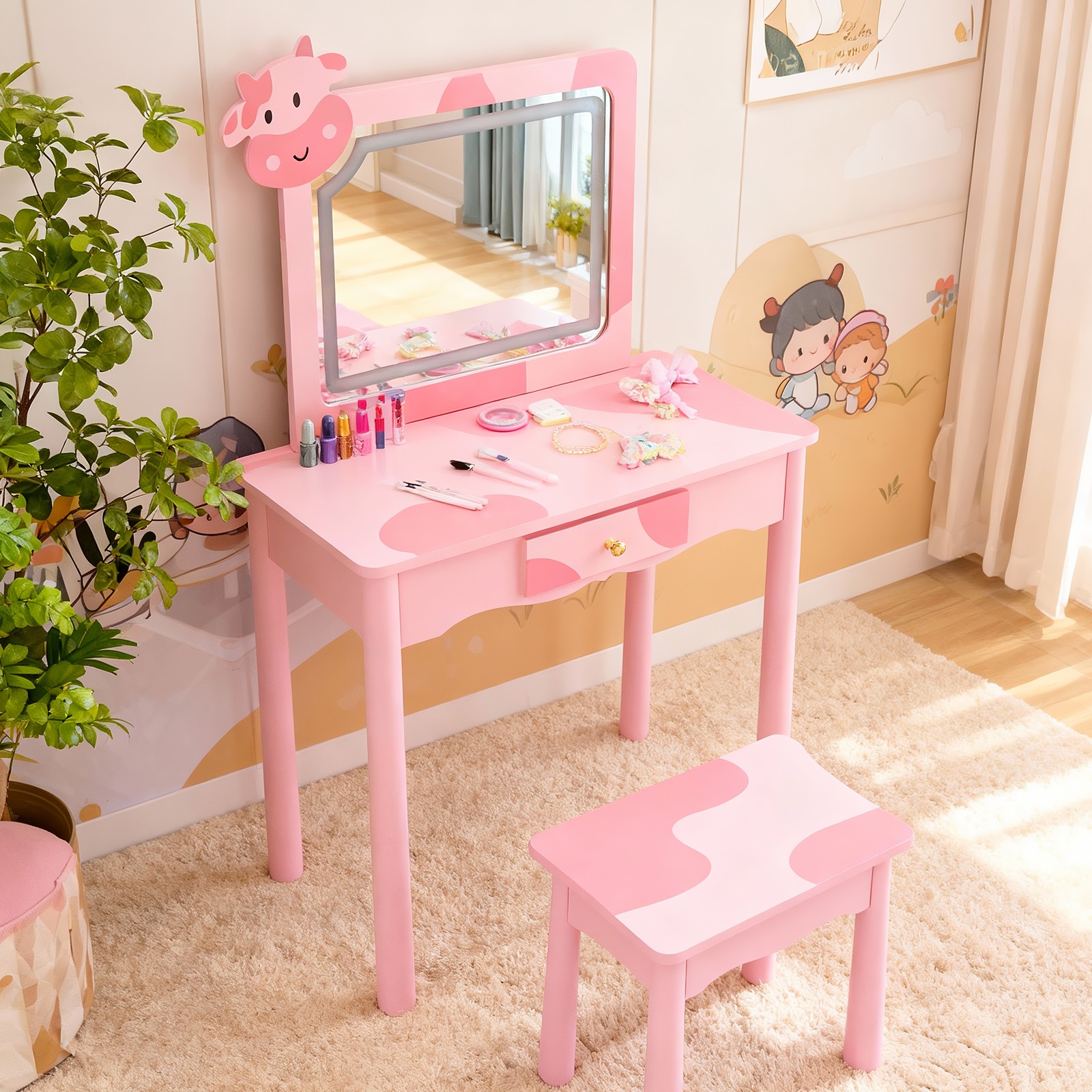 Pink Zebra Pattern Makeup Table with Solid Wood Base - Statement Dressing Statio