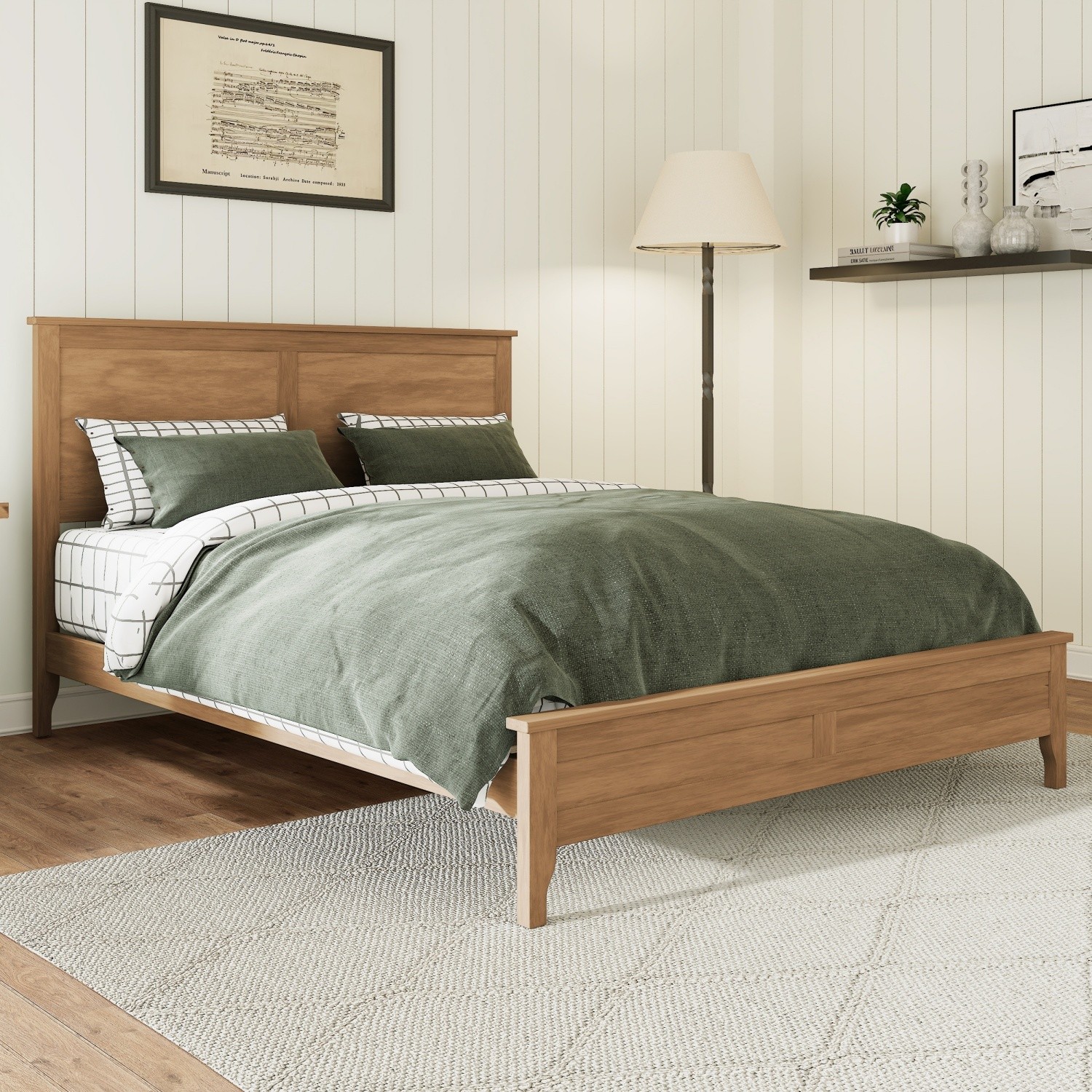Queen/King Size Bed Frame Modern Solid Wood Platform Bed with Wood Headboard