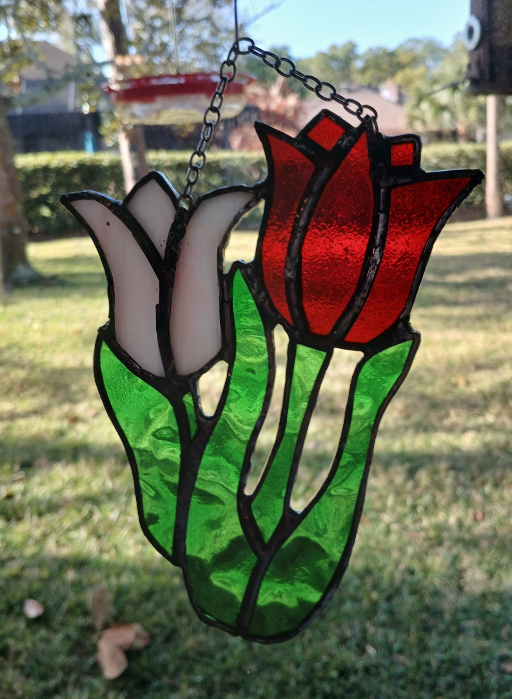 TULIPS - red, pink with green leaves - handcrafted genuine stained glass - 6.5"