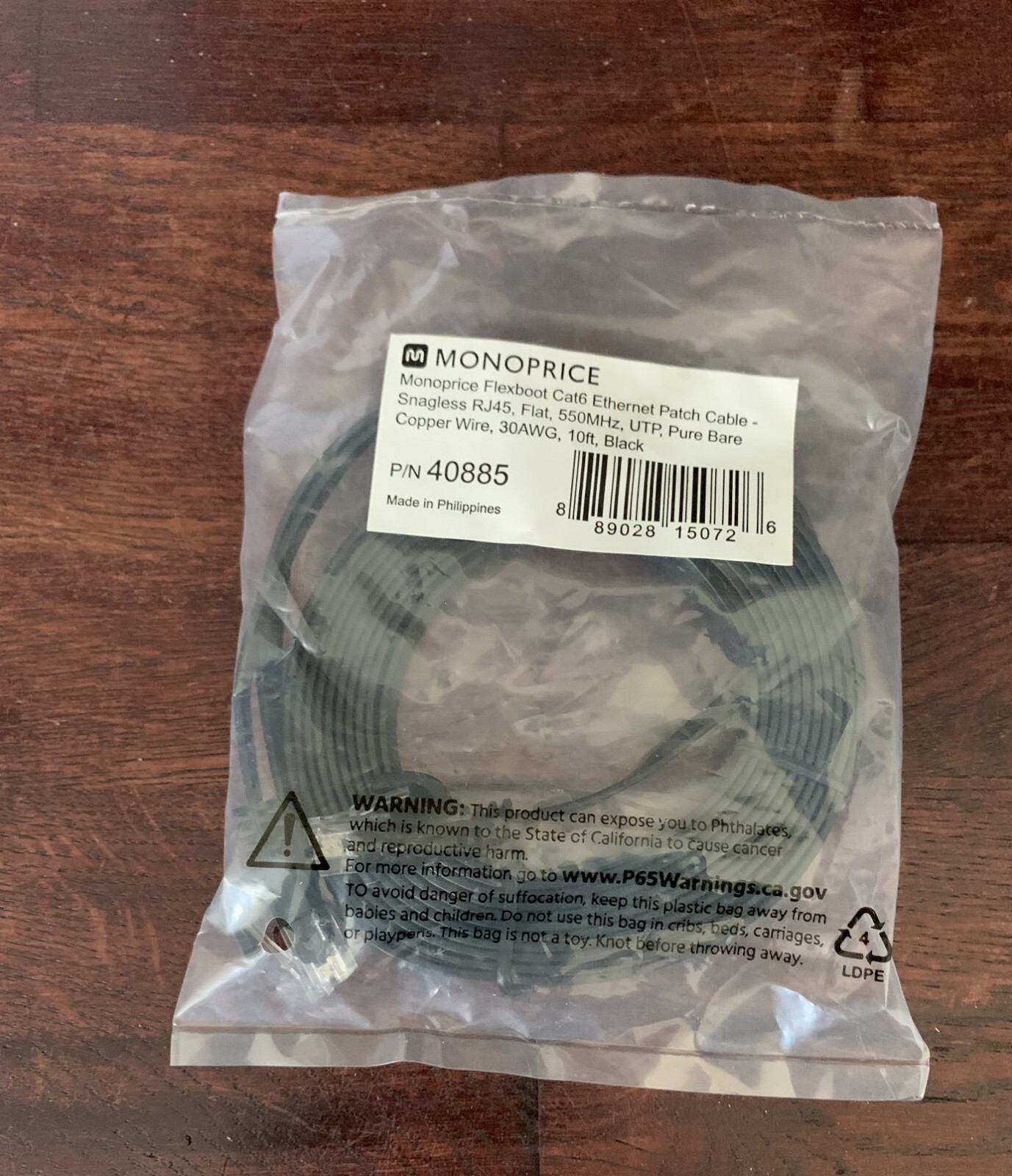 Monoprice Flat Cat6 Ethernet Patch Cable - 10 Feet - Black, 550MHz, UTP, 30AWG