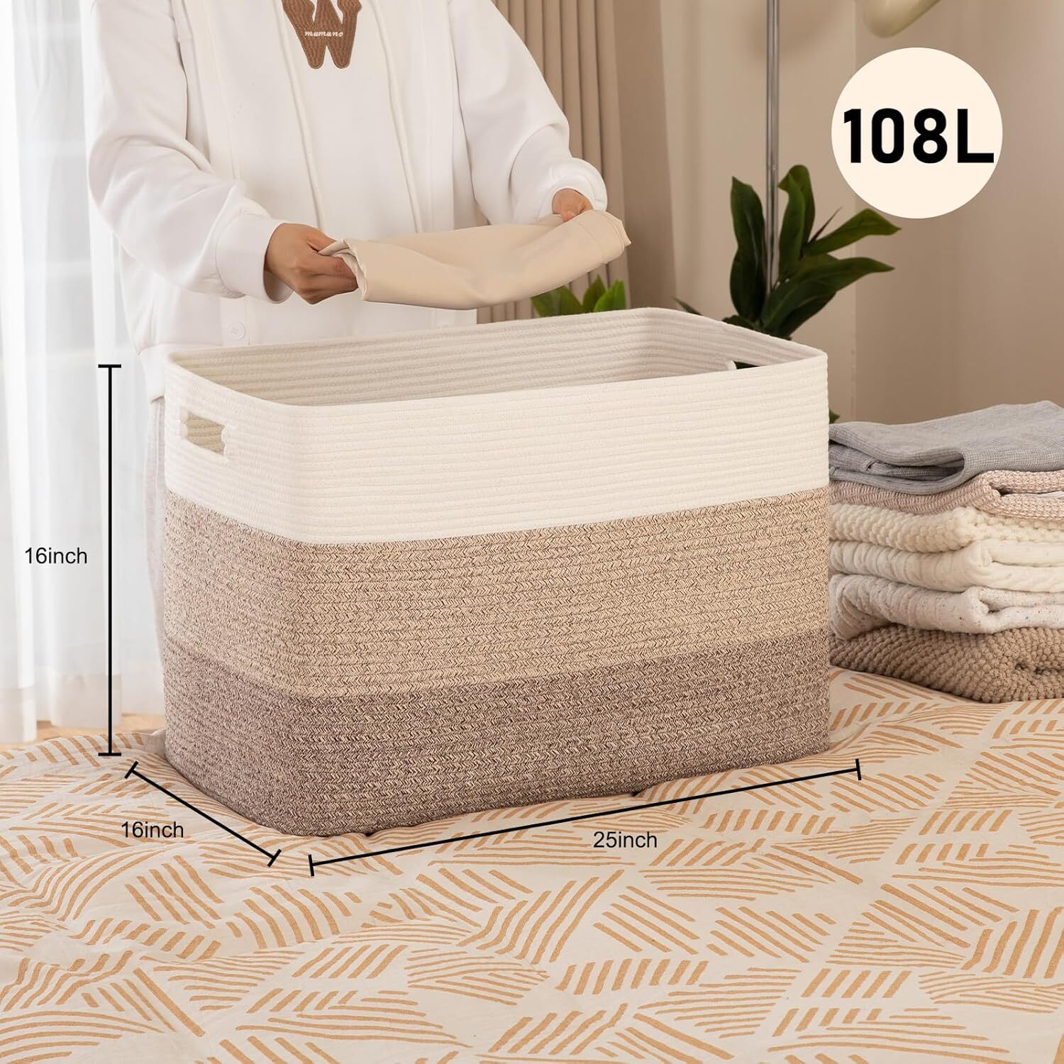 108L Extra Large Blanket Basket,Rectangular Woven Storage Basket Gradient Brown