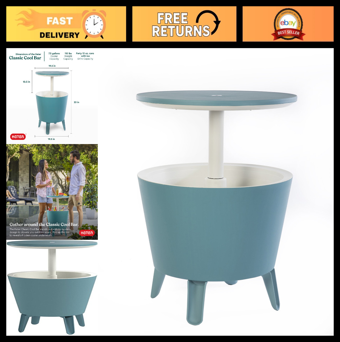 Outdoor Patio Cool Bar Table with 7.5 Gallon Beer & Wine Cooler - Teal