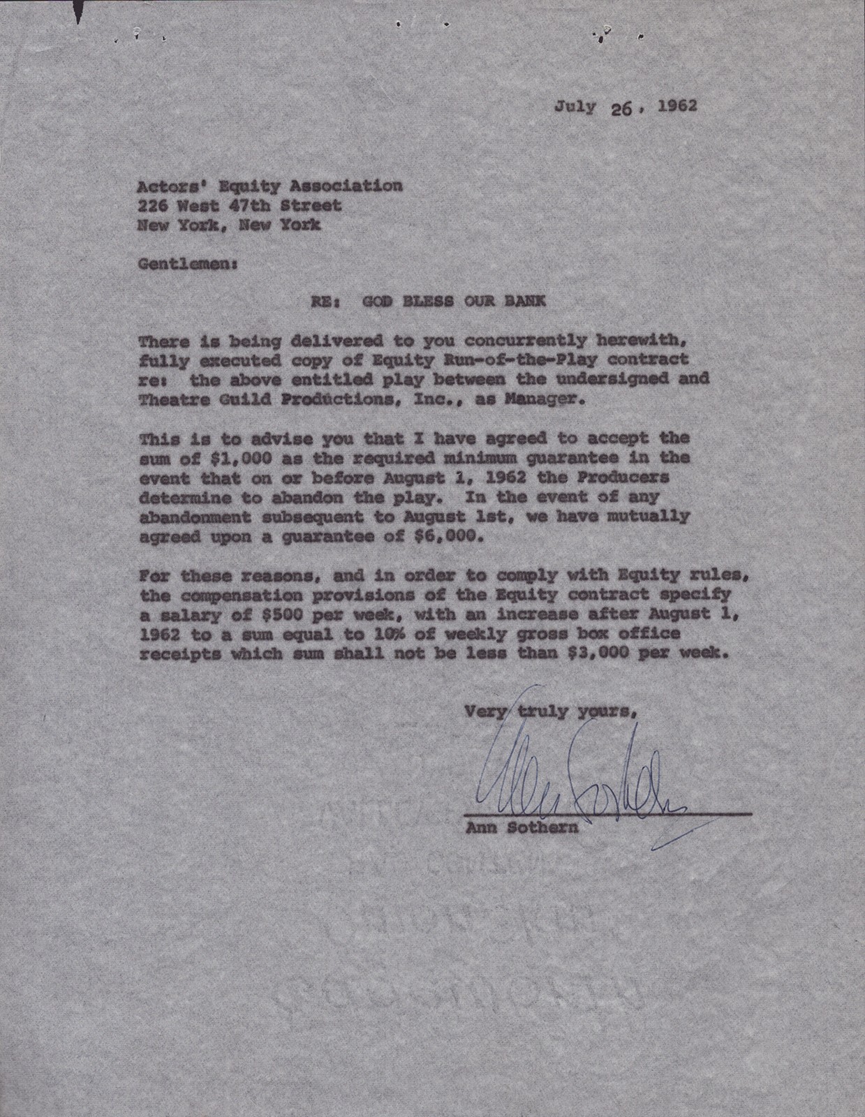 ANN SOTHERN - CONTRACT SIGNED 07/26/1962