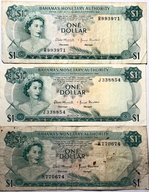 BAHAMAS -  Dealer Lot (3) $1 One Dollar 1968 Circulated Banknotes - Pick-27!