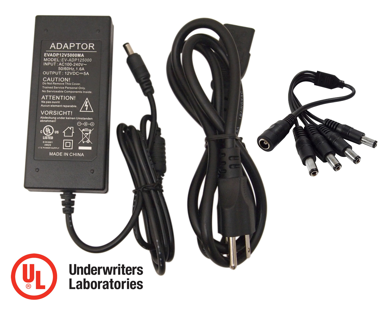 12V DC 5 Amper UL Certified Power Adapter with 1 Female to 4 Male Splitter