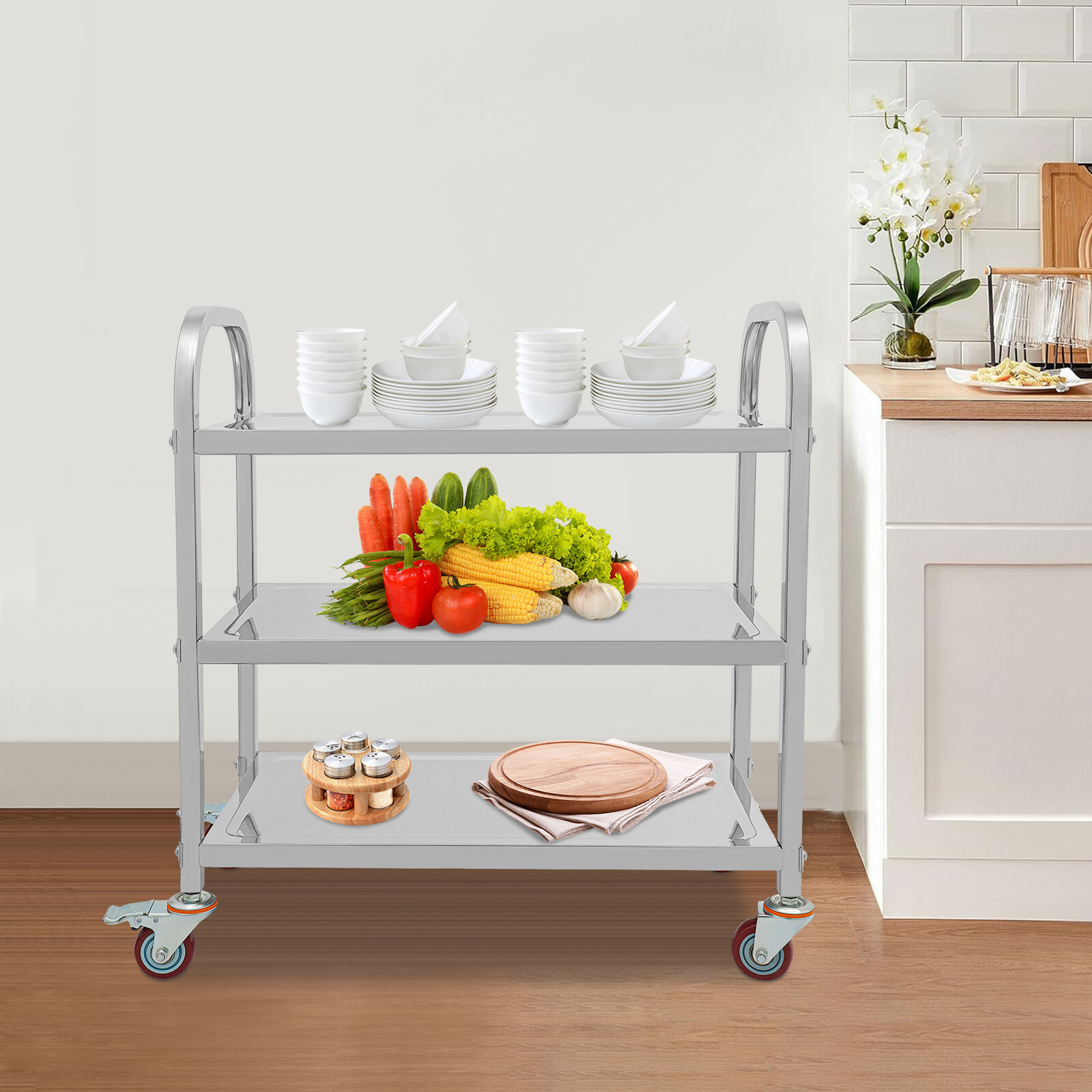 3 Tier Stainless Steel Kitchen Trolley Cart, Kitchen Trolley Car