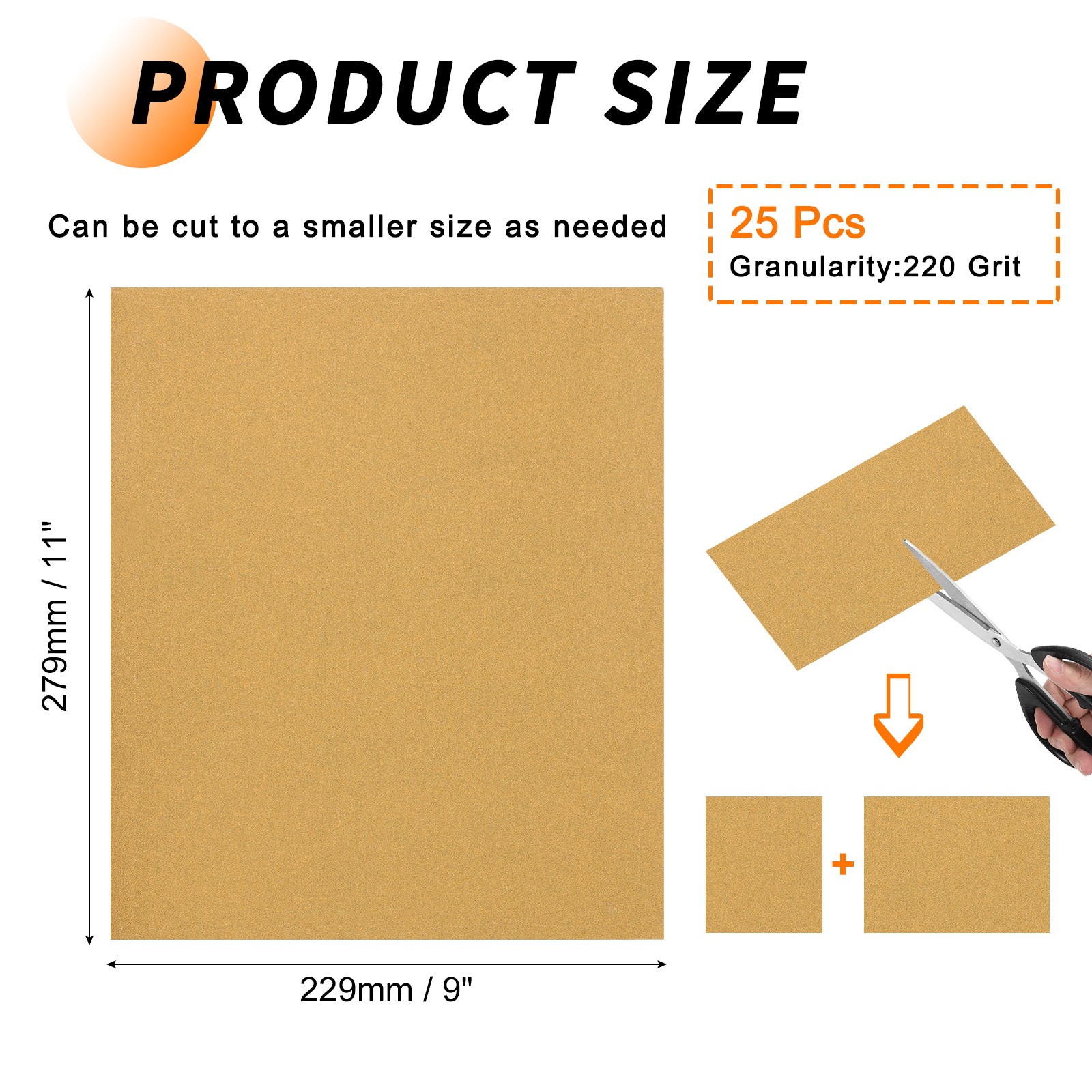 25 Pcs 220 Grit Dry Sandpapers, 9 x 11 Inch Sand Papers, Gold