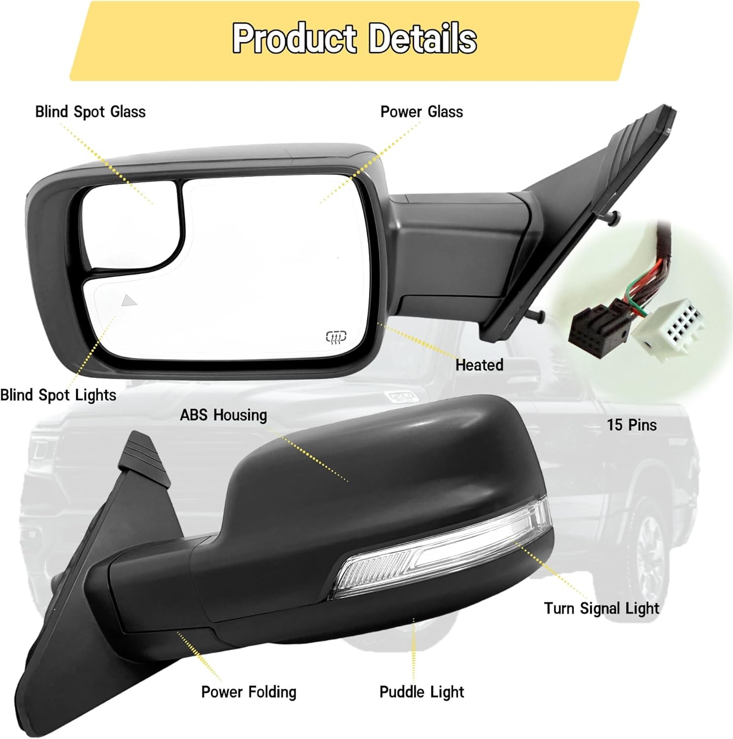 For Dodge Ram 1500 2019-2026 Left Driver Side Mirror Heated Signal Blind Spot
