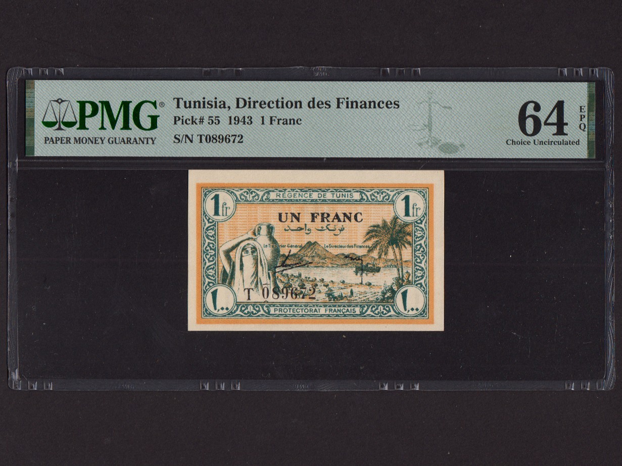 Tunisia:P-55, 1 Franc, 1943 * Régence de Tunis * PMG Ch. UNC 64 EPQ *