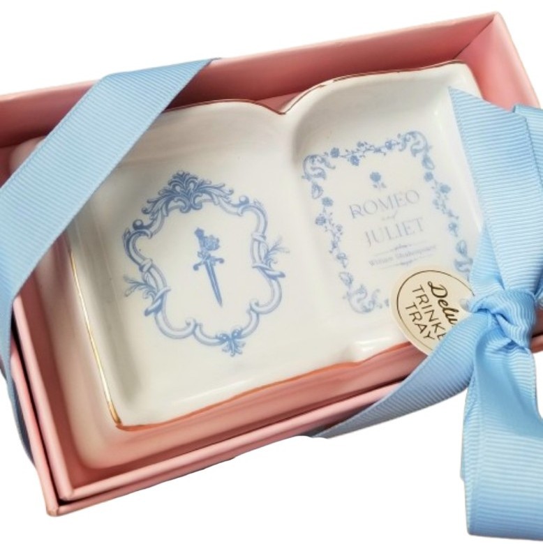 Romeo and Juliet Ceramic Open Book Trinket Tray with Gold Trim