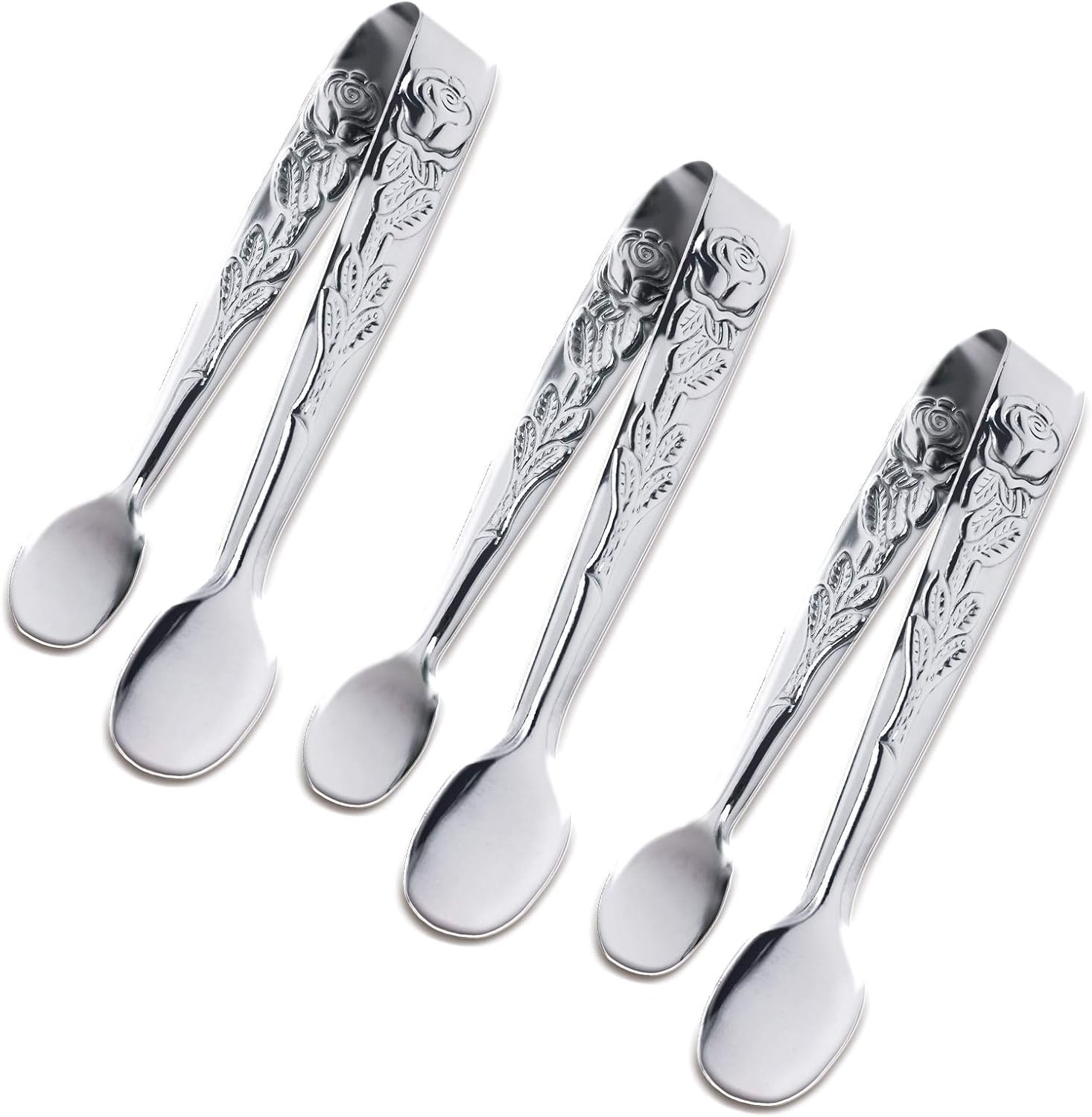 3PCS Mini Serving Tongs, 4Inch Rose Stainless Steel Sugar Cube Tongs, Sliver Sma