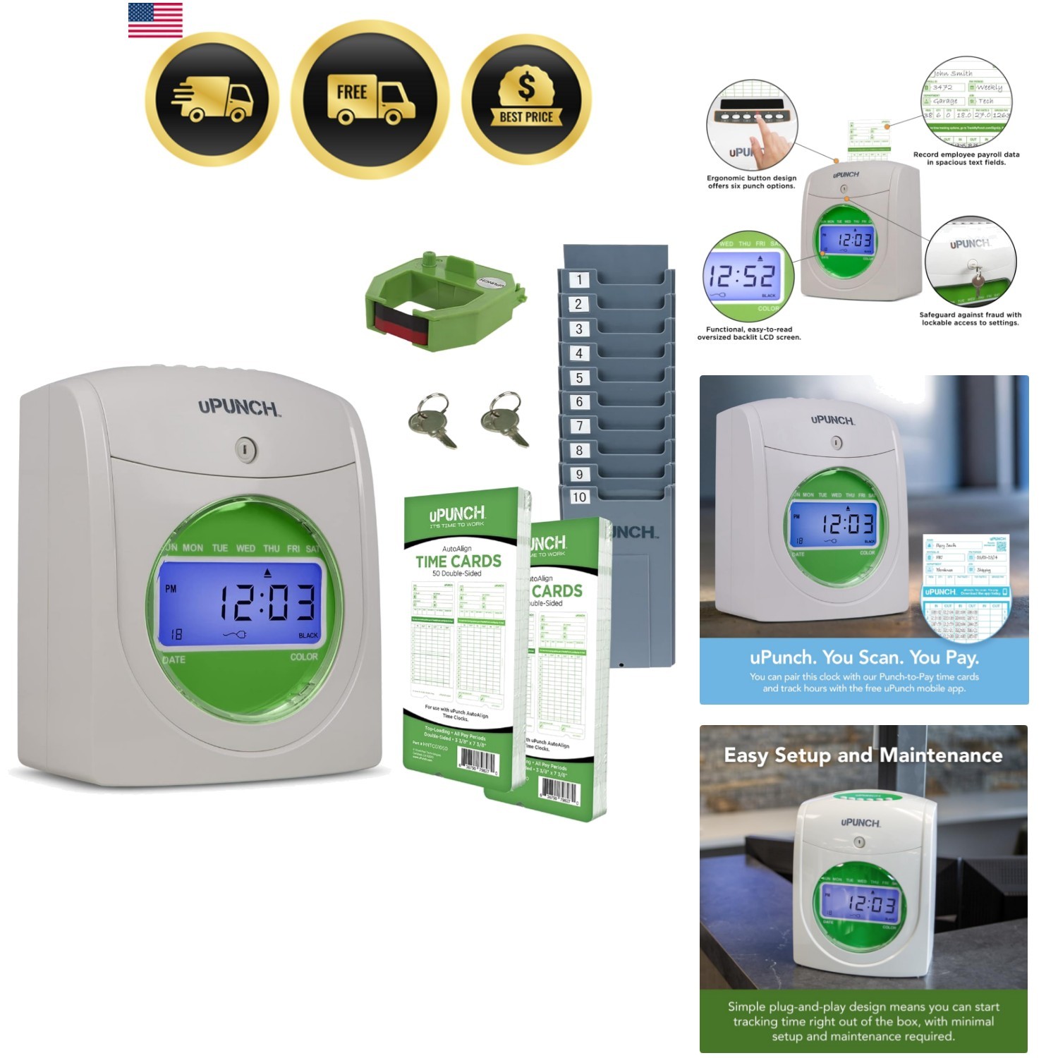 Starter Time Clock Bundle for Small Business: Employee Punch Clock System wit...