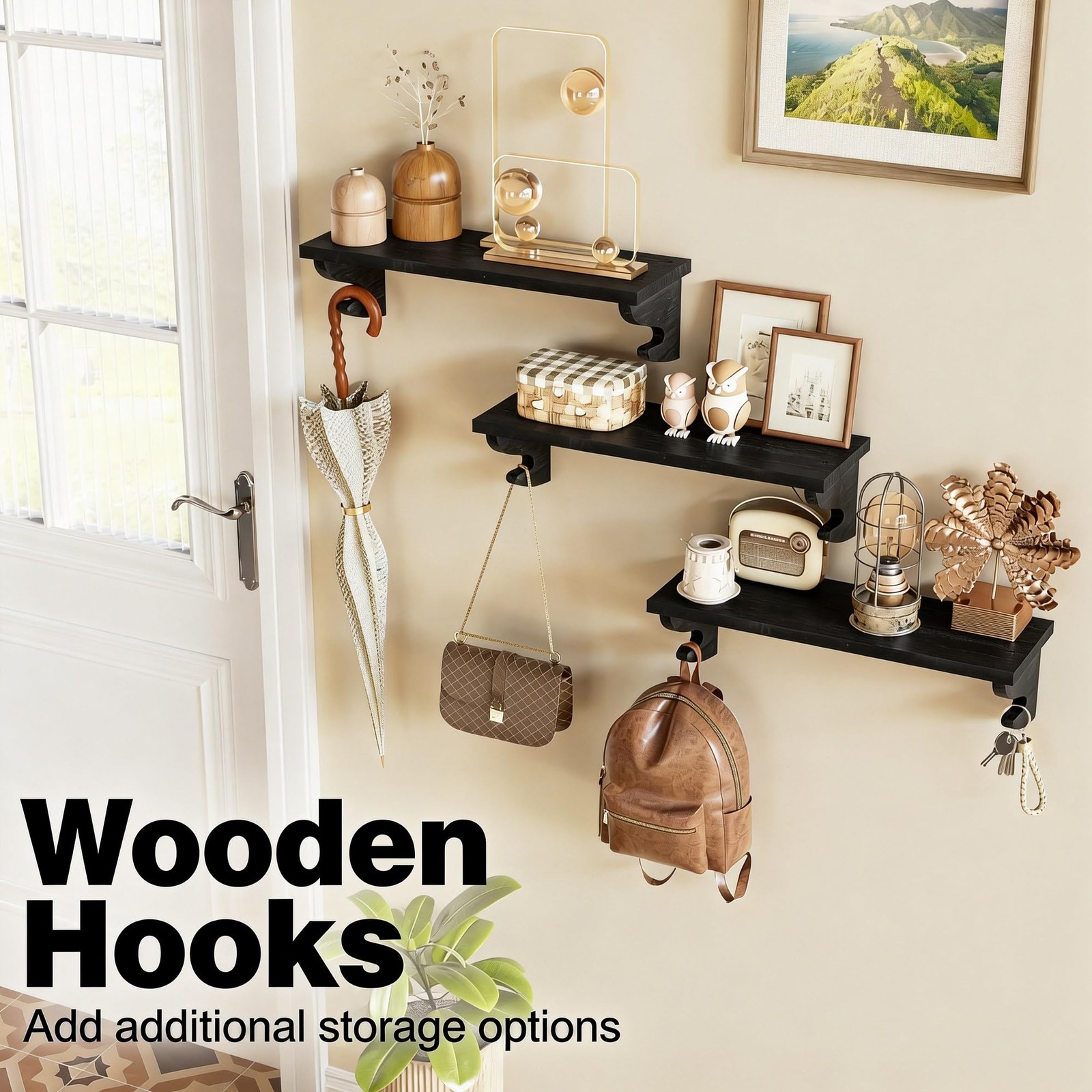 Black Floating Shelves for Wall 3 Pack, 17 inch Solid Wood Shelves Wall Mount...