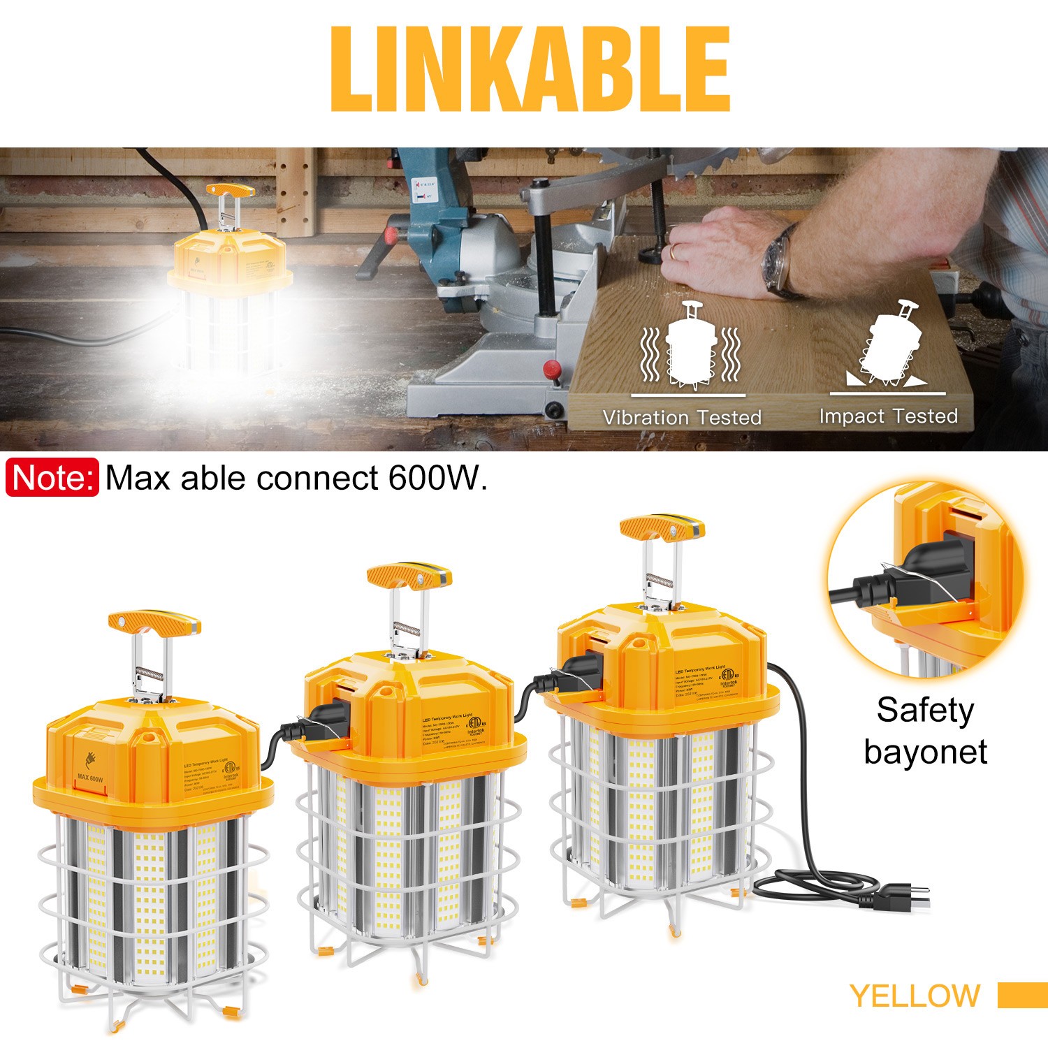 Linkable 80W LED Temporary Construction Light 5000K Tunnel Job Site Lighting