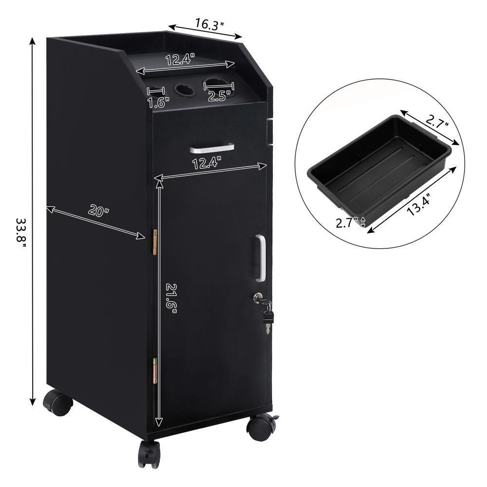 Black Salon Trolley Rolling Cart Beauty Drawer Lockable Cabinet w/4Wheel 4Holder