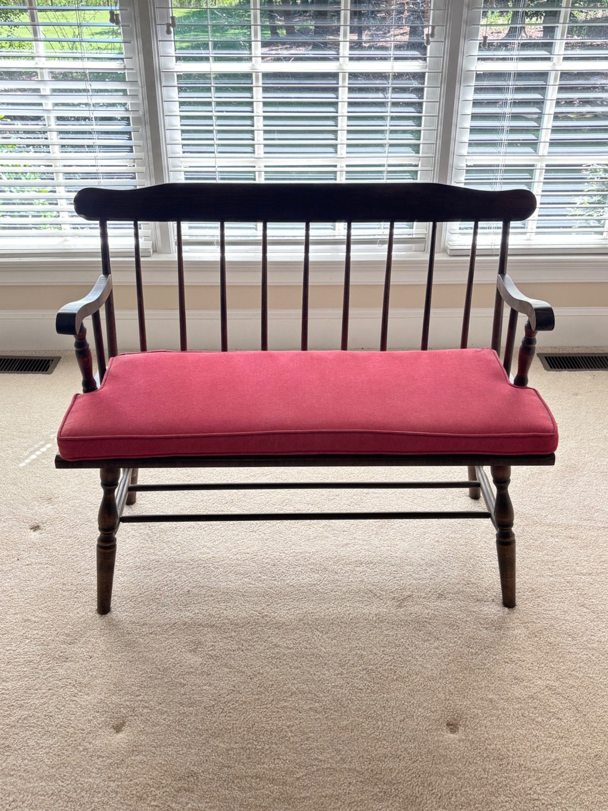 Vintage Windsor Style Farmhouse Wooden Bench With Custom Cushion