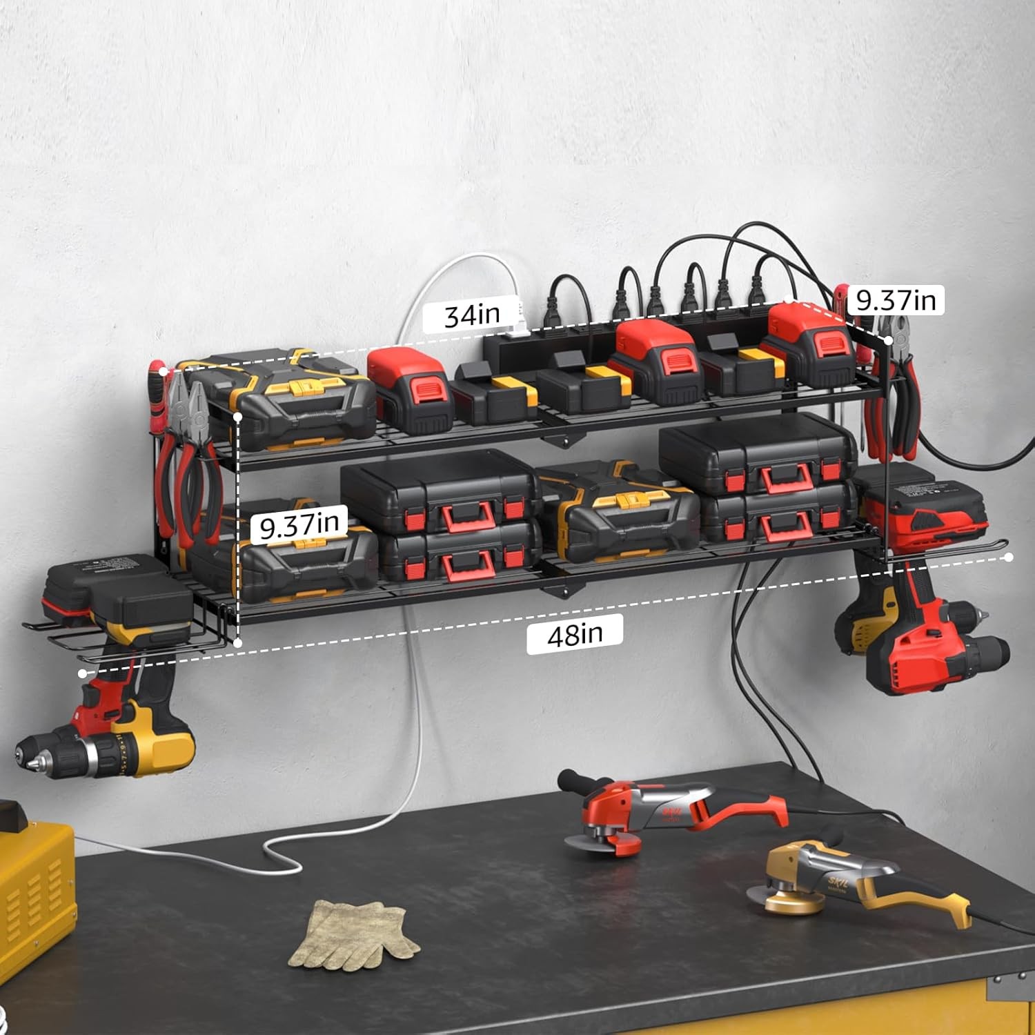 Large Garage Tools Storage with Charging Station. Power Tool Battery