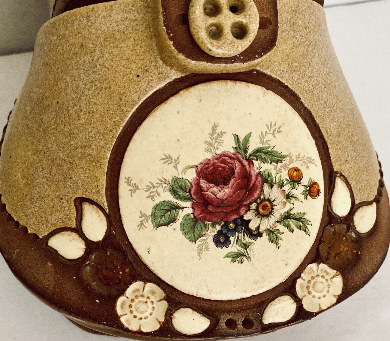 Studio Hand Made Pottery Shoe Planter by Holly Floral Cameo Country Retro Boho