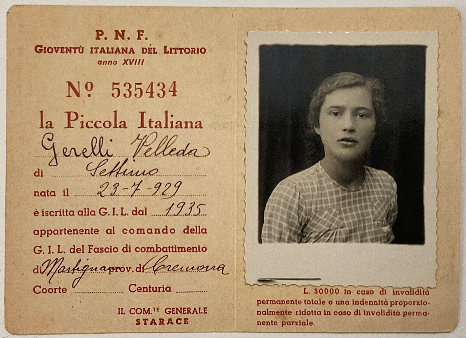 CREMONA REGNO D’ITALIA ASSOCIAZIONE GIOVANILE DI PARTITO TESSERA A.XVIII° 1940