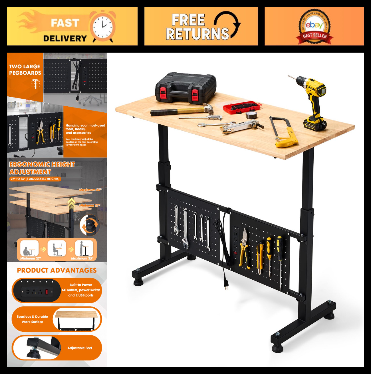 48" Adjustable Height Workbench with Outlets & Pegboard | 2000LBS Capacity Craft