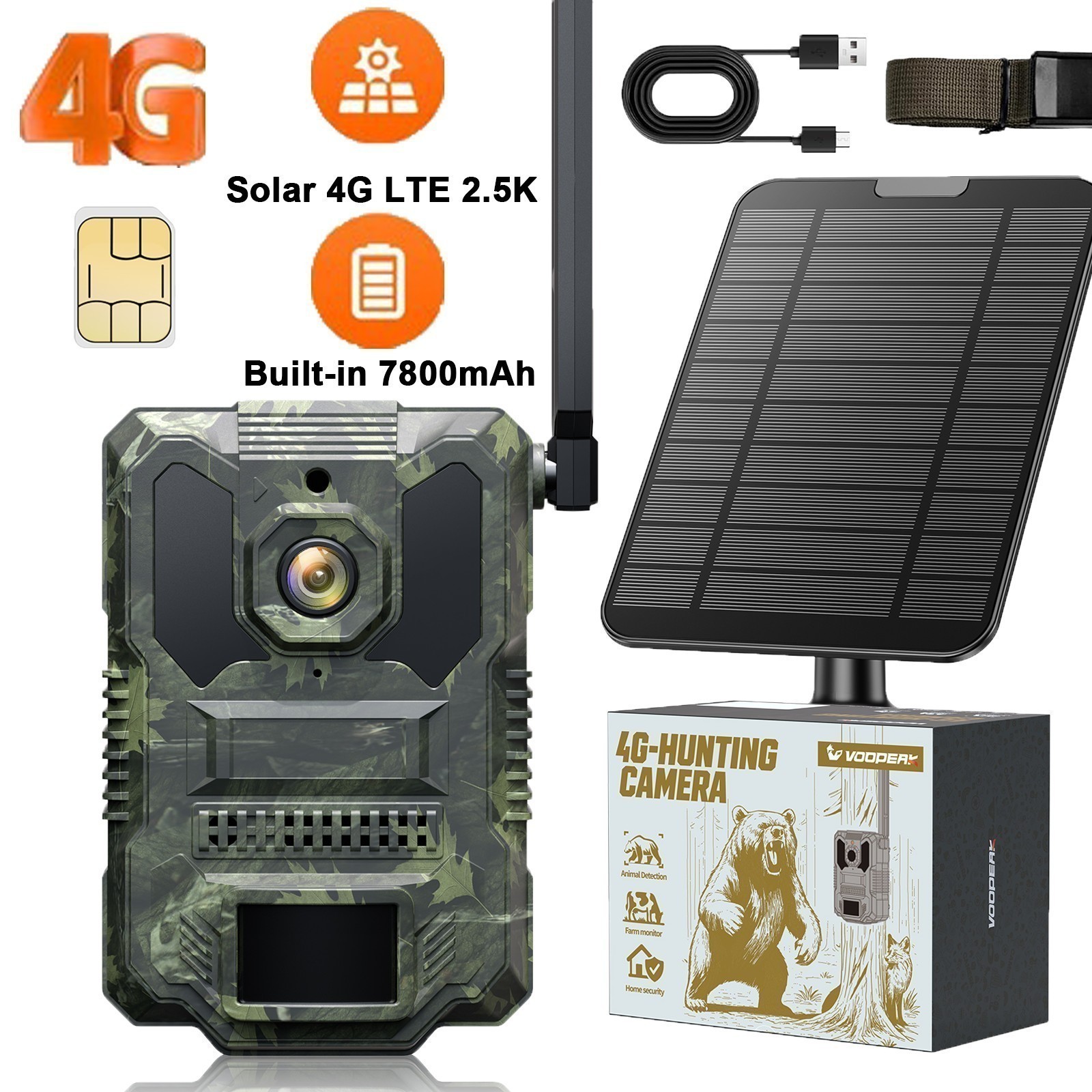 Voopeak Solar 4G LTE Cellular Trail Camera 2.5K Hunting Game NightVision 7800mAh