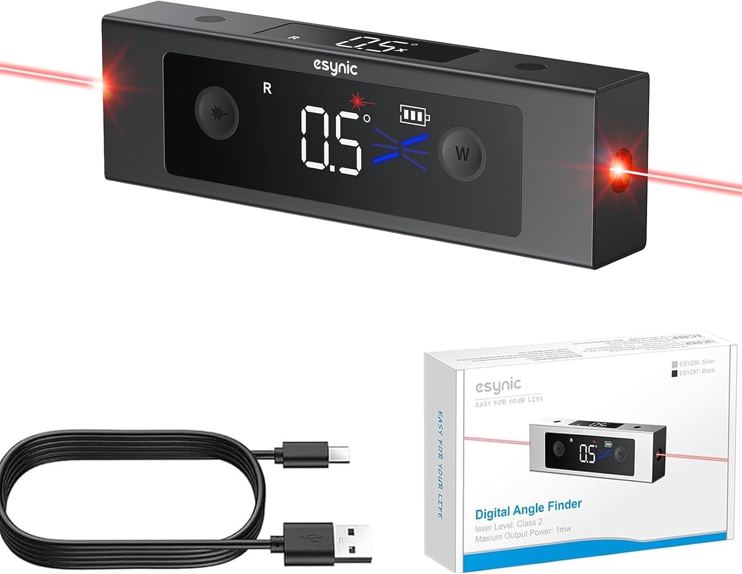eSynic Digital Angle Finder Laser Inclinometer IP54 Rechargeable LCD Level