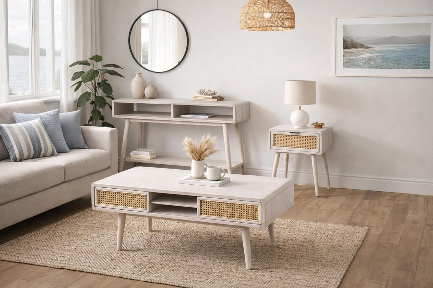 Stylish Cambria Console Table in Zebrano Whitewash Finish