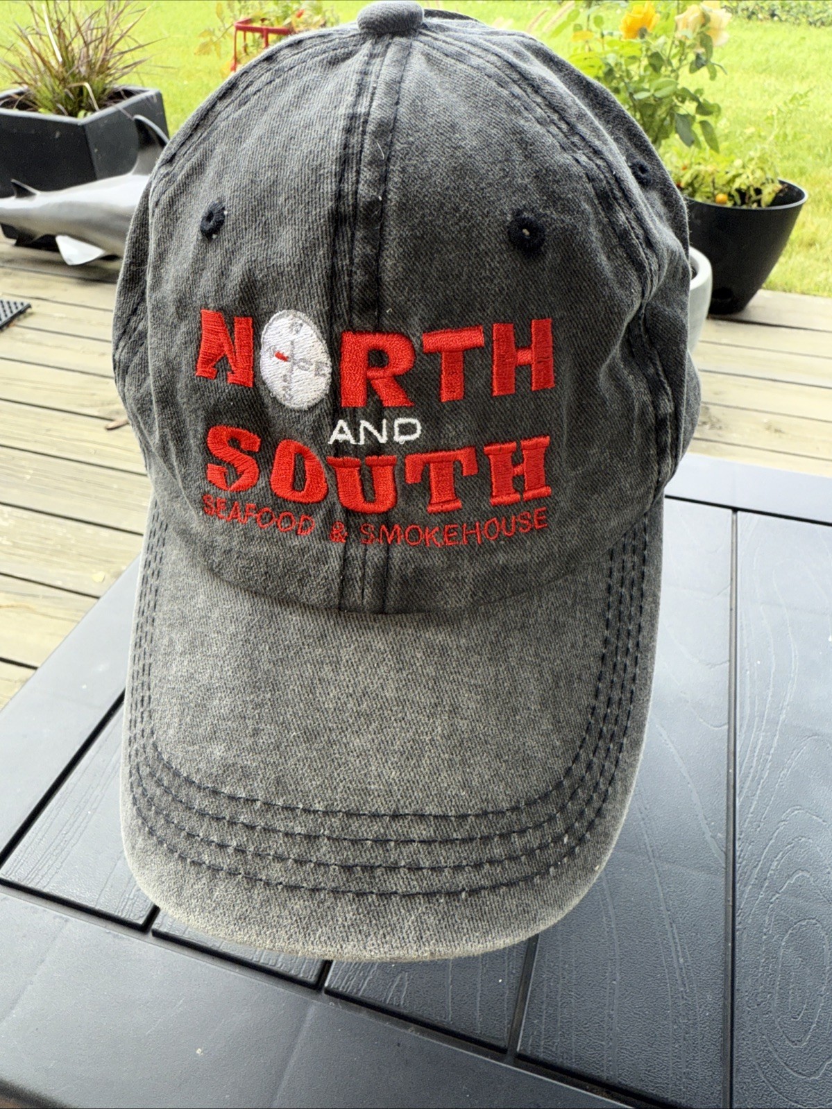 North & South Seafood and Smokehouse in Red on Gray Hat Cap Cotton Ponytail open