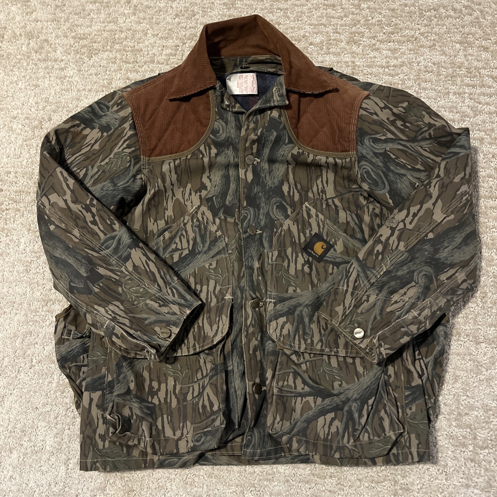 Vtg Carhartt Men’s CB345 Med Camo Jacket Lined Hunting Game Pouch 90’s USA Made