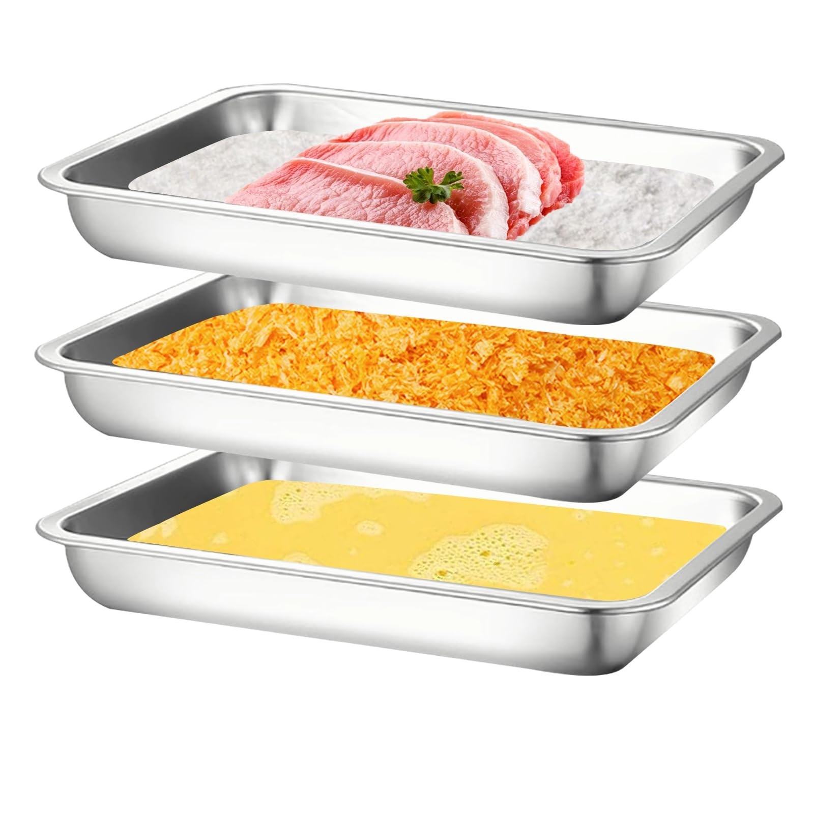 3Pcs Stainless Steel Breading Trays Set, Breading Dishes for Chicken Breasts,...