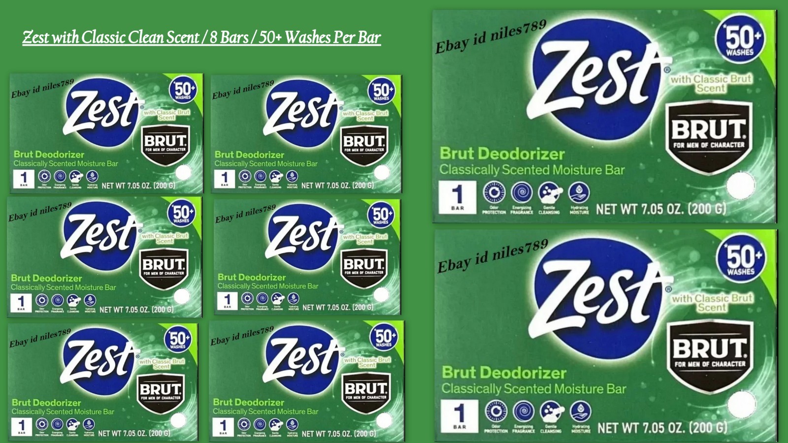 😊LOT OF 8-ZEST BRUT Deodorizer Classic Scent Moisture Bar Soap 7.05 oz. New