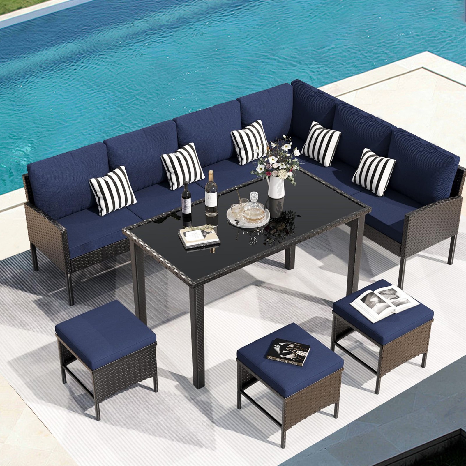 7-piece Outdoor Waterproof Seat Cushion, Glass Table, Suitable Patio Furniture S
