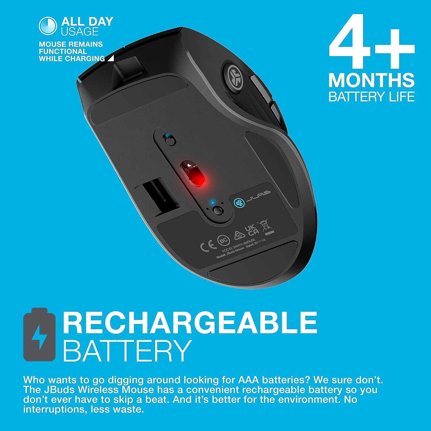 JLab JBuds Wireless Mouse For PC, Laptop, Computer, Mice, 2.4G, Bluetooth, Black