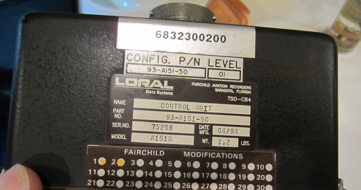 LORAL CONTROL UNIT FAIRCHILD P/N 93-A151-50 ALT 6832300200 COCKIT VOICE RECORDER
