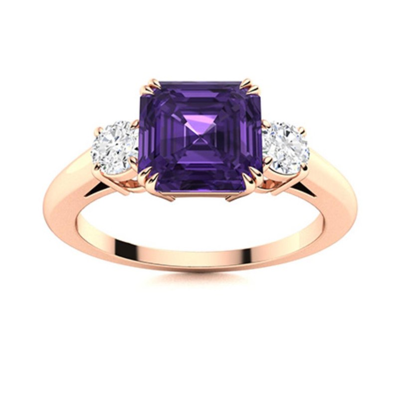 6mm Asscher Cut Amethyst Ring 925 Sterling Silver Rose Plated Three Stone Ring