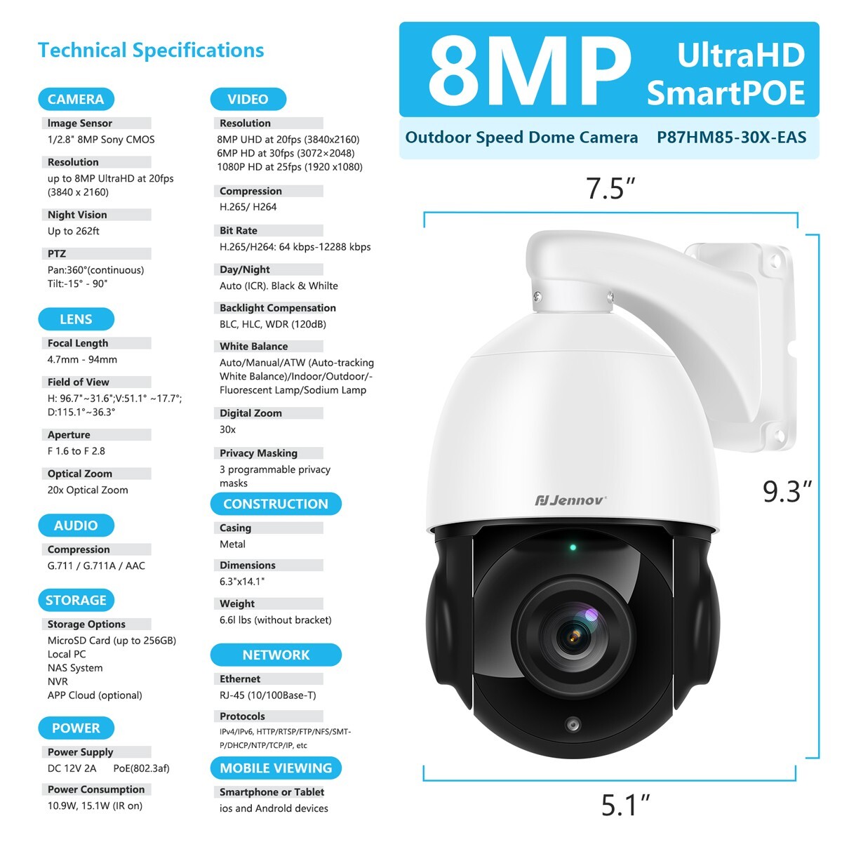 JENNOV Outdoor 4K 8MP Auto-Tracking PoE Security Camera 360° Coverage