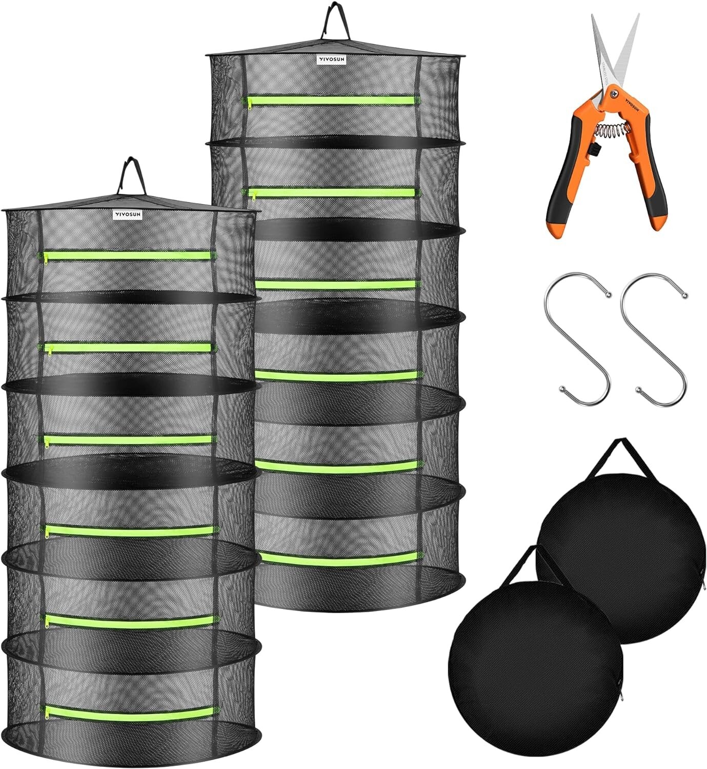 VIVOSUN 2-Pack 6-Layer Mesh Drying Rack Hanging Design with Green Zippers