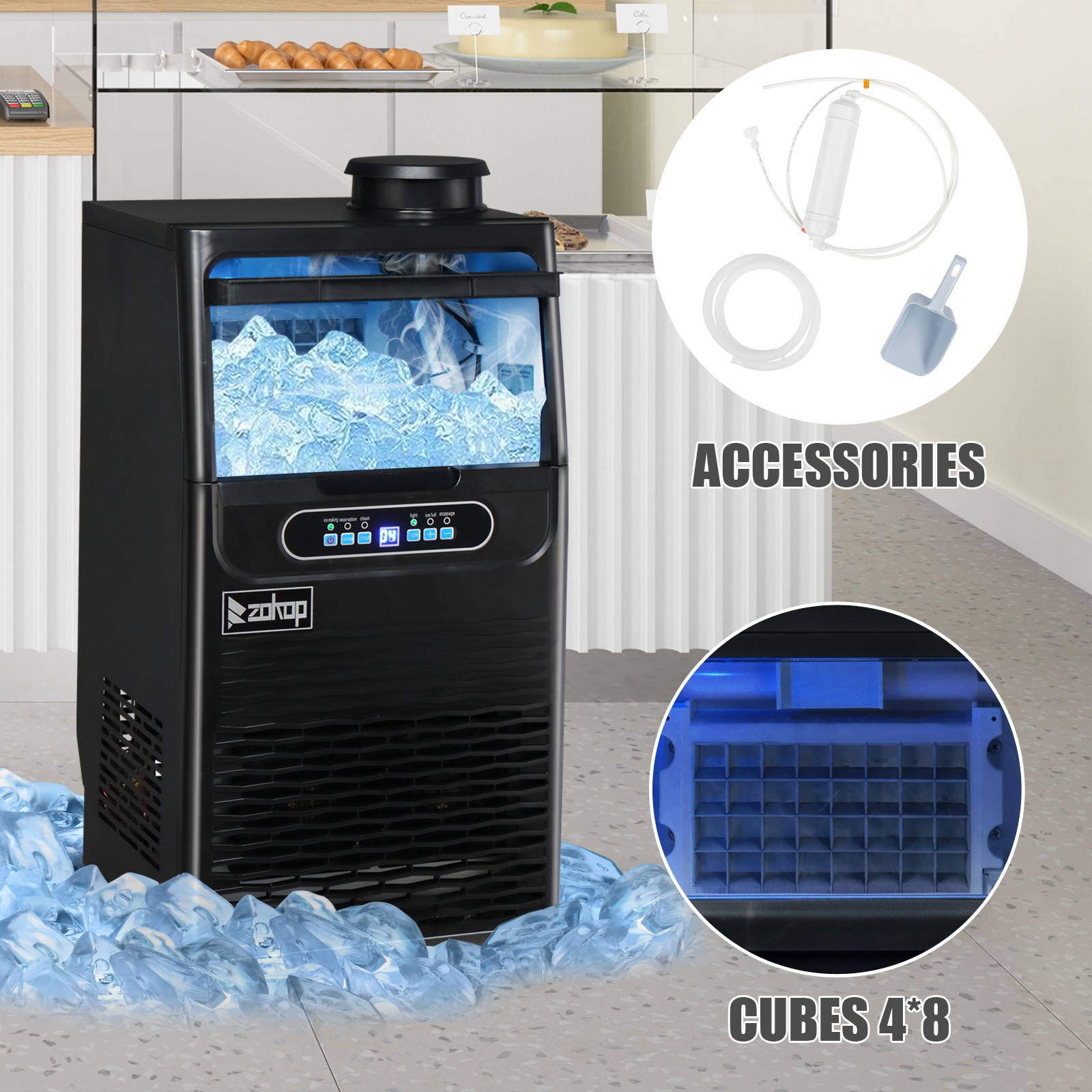 70LBS/24H Commercial Ice Maker Built-in Ice Cube Machine 11Lbs Bin Storage