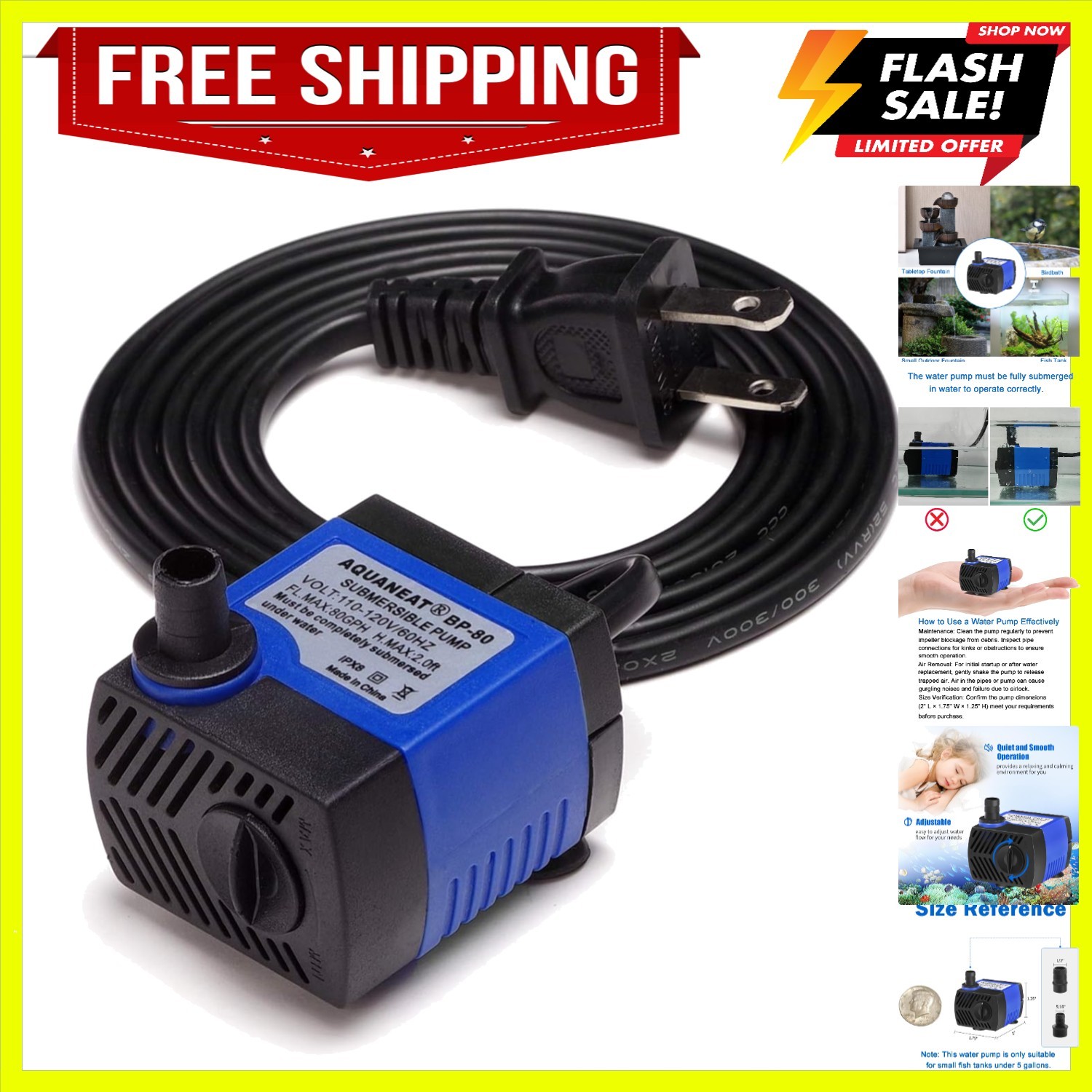 Small Fountain Pump, 80 GPH Submersible Water Pump for Aquarium Fish Tank, Ou...