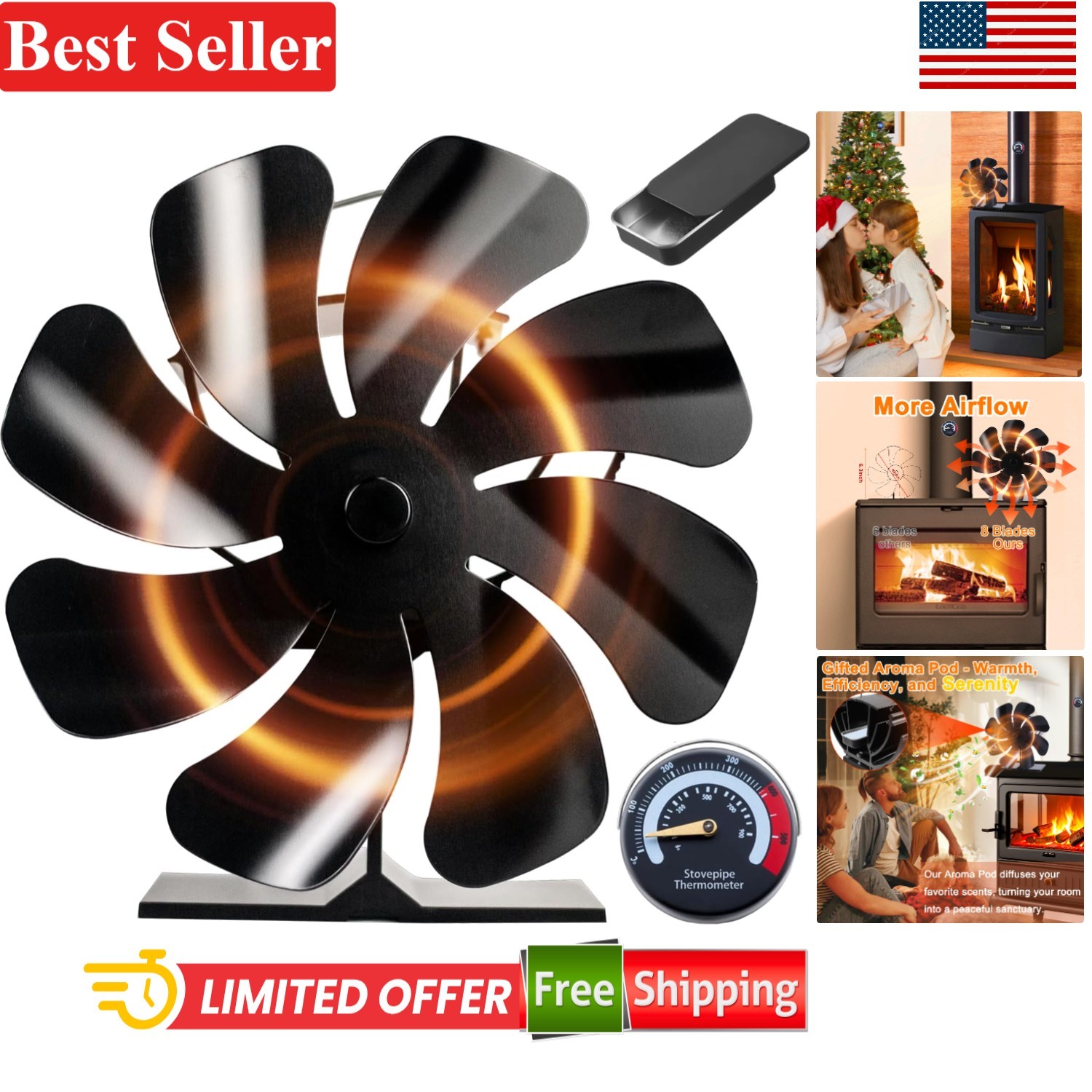 Heat Powered 8-Blade Wood Stove Fan with Aroma Pod & Thermometer - Black