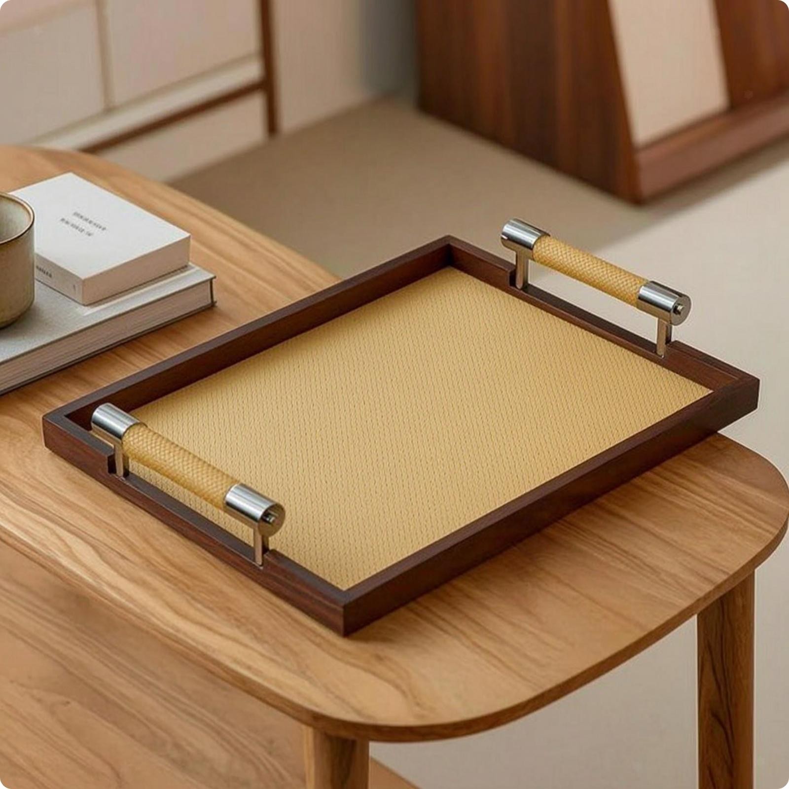 Rectangular Tray with Wood Effect Handles Modern Rectangular Tray