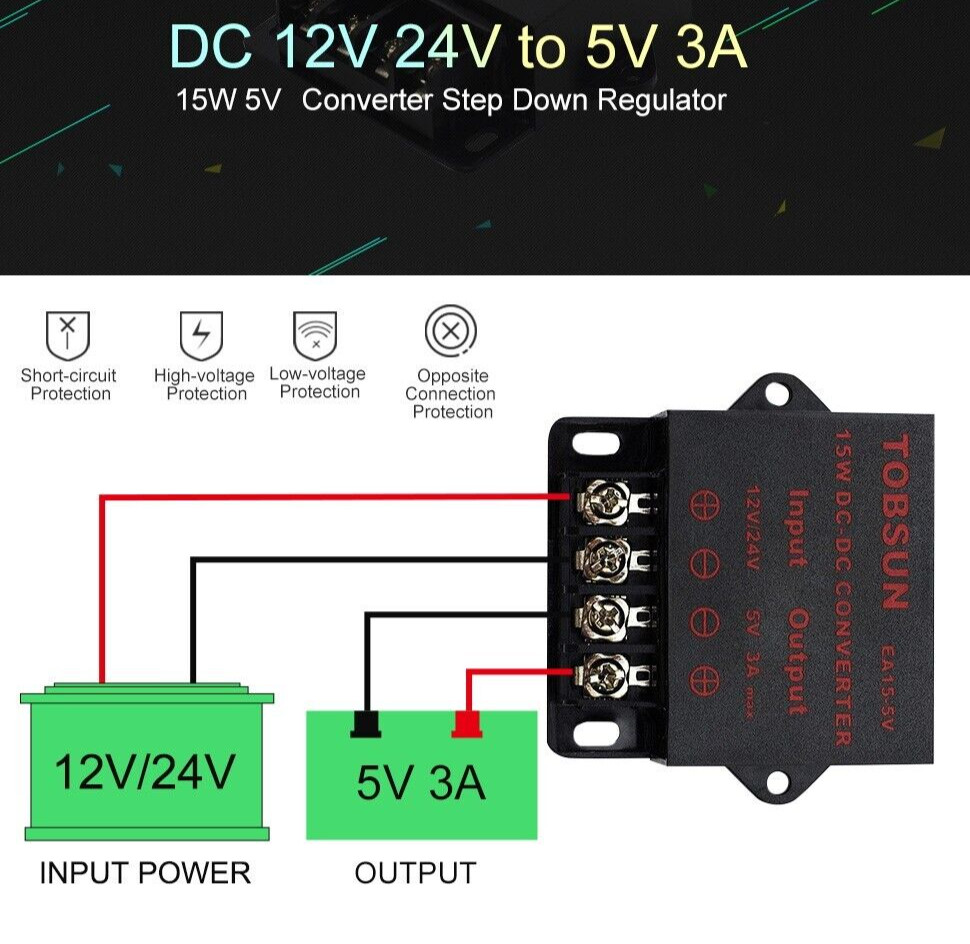 DC 12V 24V to 5V 3A 15W Buck Converter Voltage Reducer DC-DC Step Down Regulator