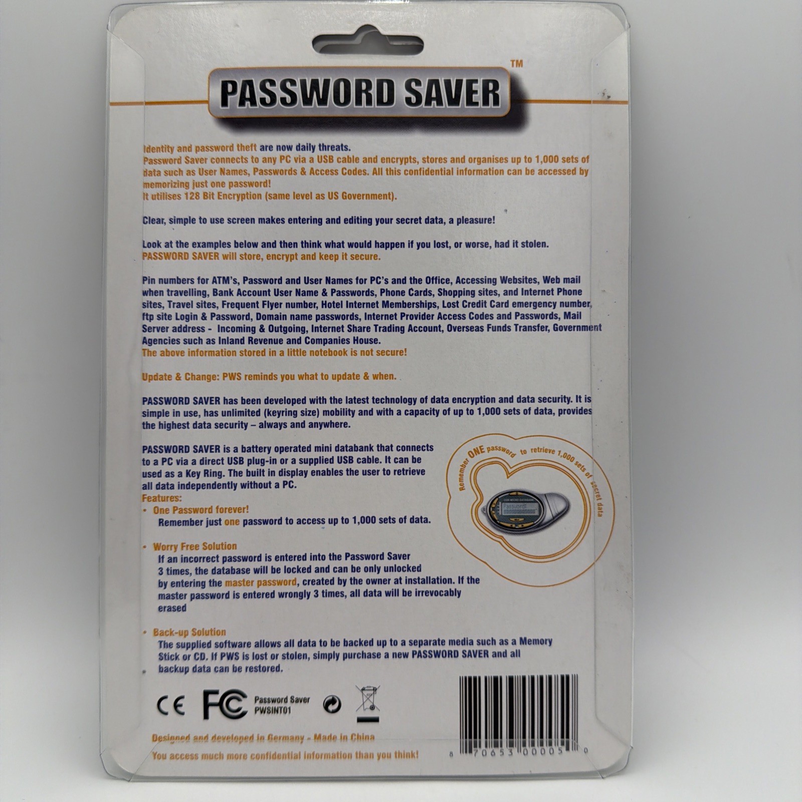 Password Saver USB-Micro Databank High Security Device New Sealed