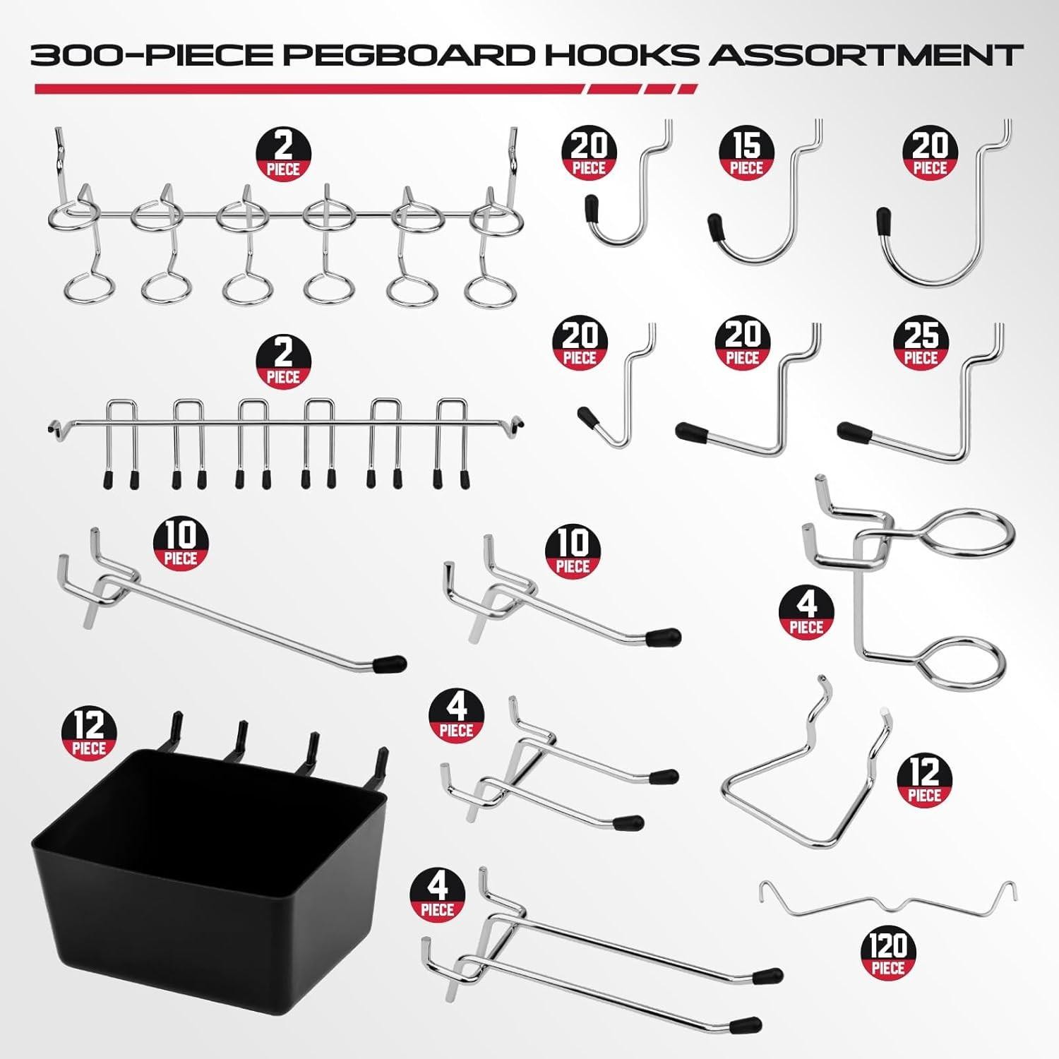 300-piece Pegboard Hook Set, Pegboard Organizer Accessories for Hanging, Durable