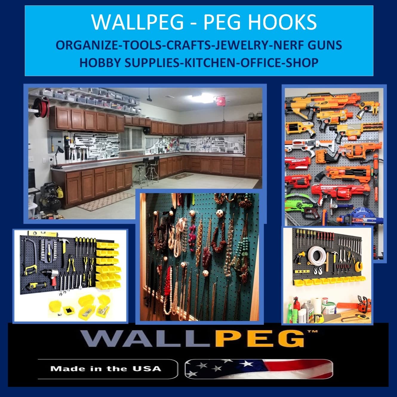 100Pcs Pegboard Accessory Peg Hook Set – Durable, Self-Locking Black 1/4" J-S...