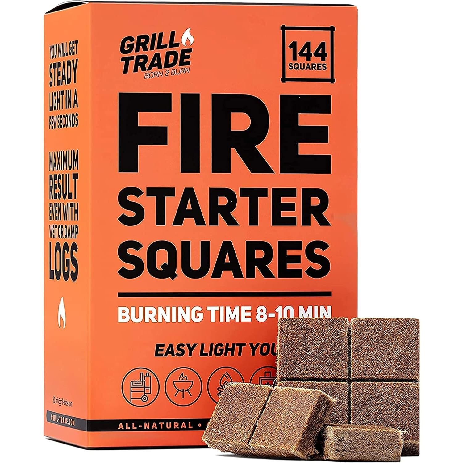Fire Starter Squares Fireplace Wood Stove & Grill Camp 144 Pack