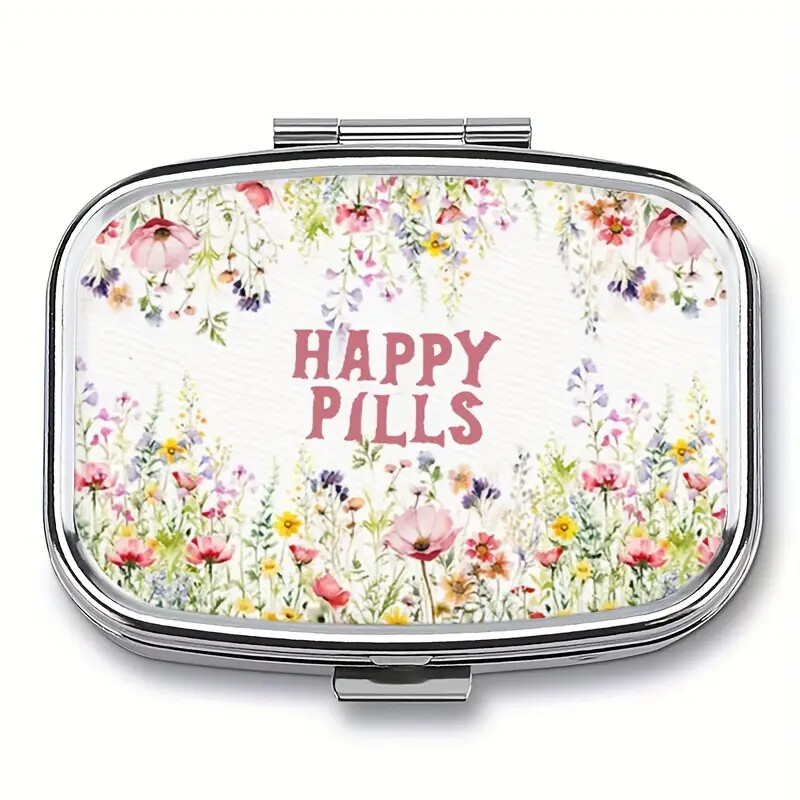 Wild Floral "Happy Pills" Metal Pill Box - 2 Compartment Portable Travel Size