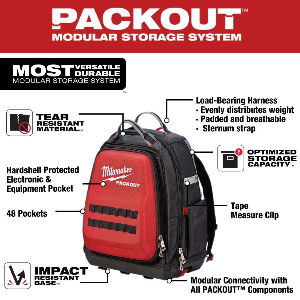 Milwaukee 48-22-8301 PACKOUT Impact Resistant Polymer Backpack, 48 Pockets