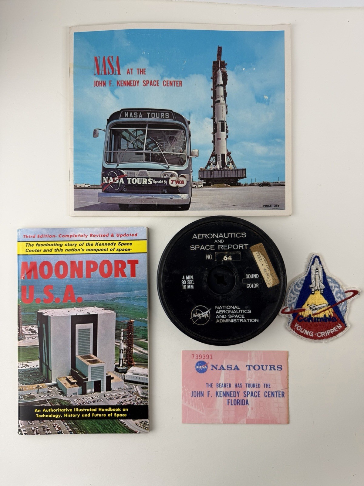 Vintage NASA Collectible Lot 1970 16MM Film, Patch, Tour Pass and Booklets