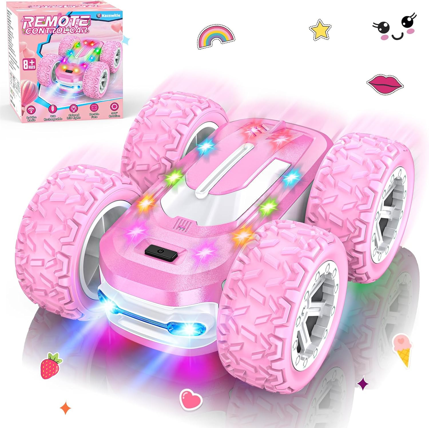 Pink Remote Control Car for Girls, RC Cars for Kids with DIY Sticker & Colored L